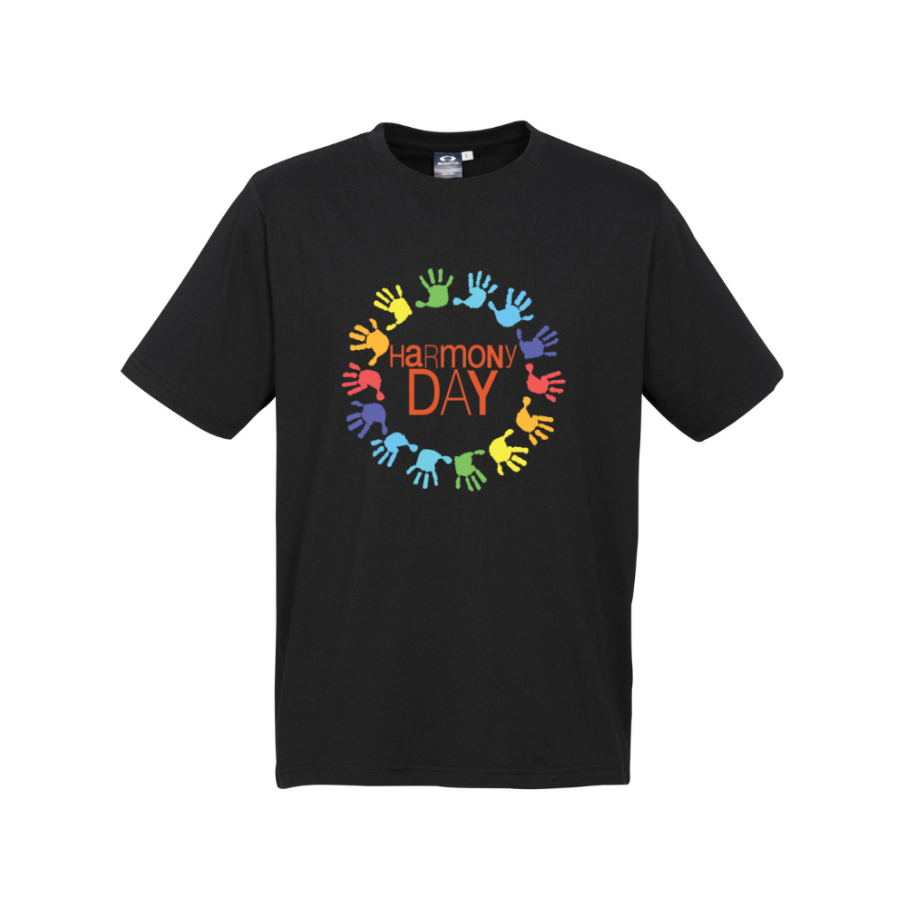 Adults Harmony Day Colour Hands on Black T-Shirt