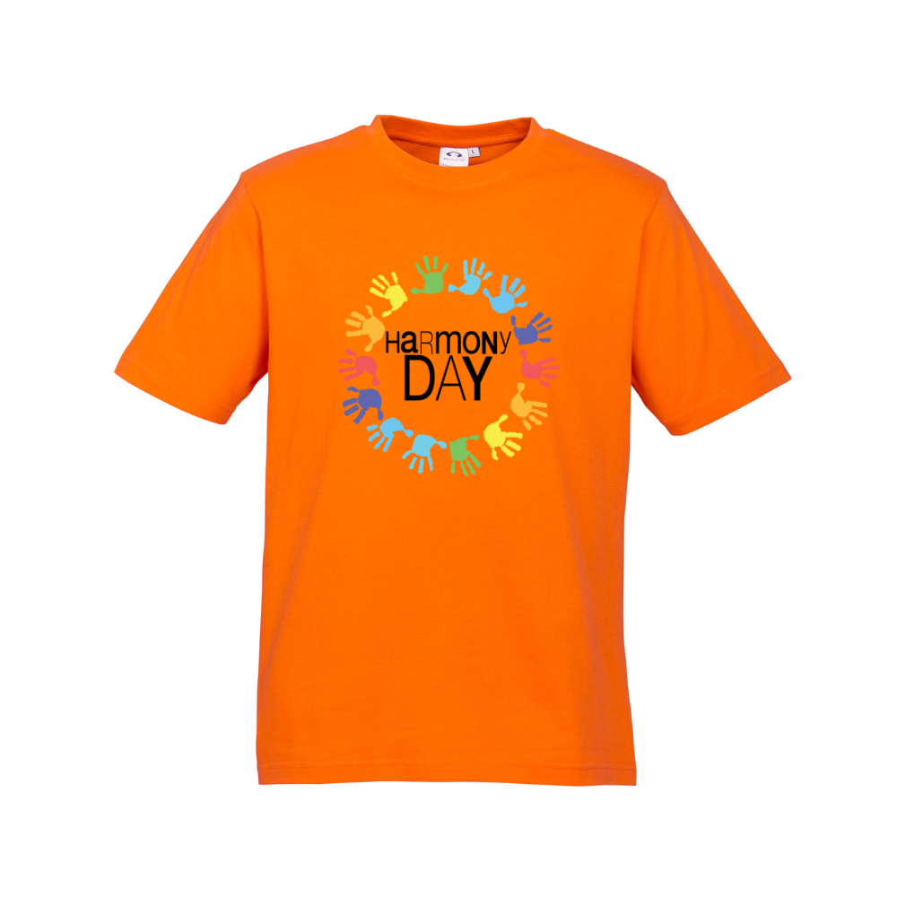 Adults Harmony Day Colour Hands on Orange T-Shirt